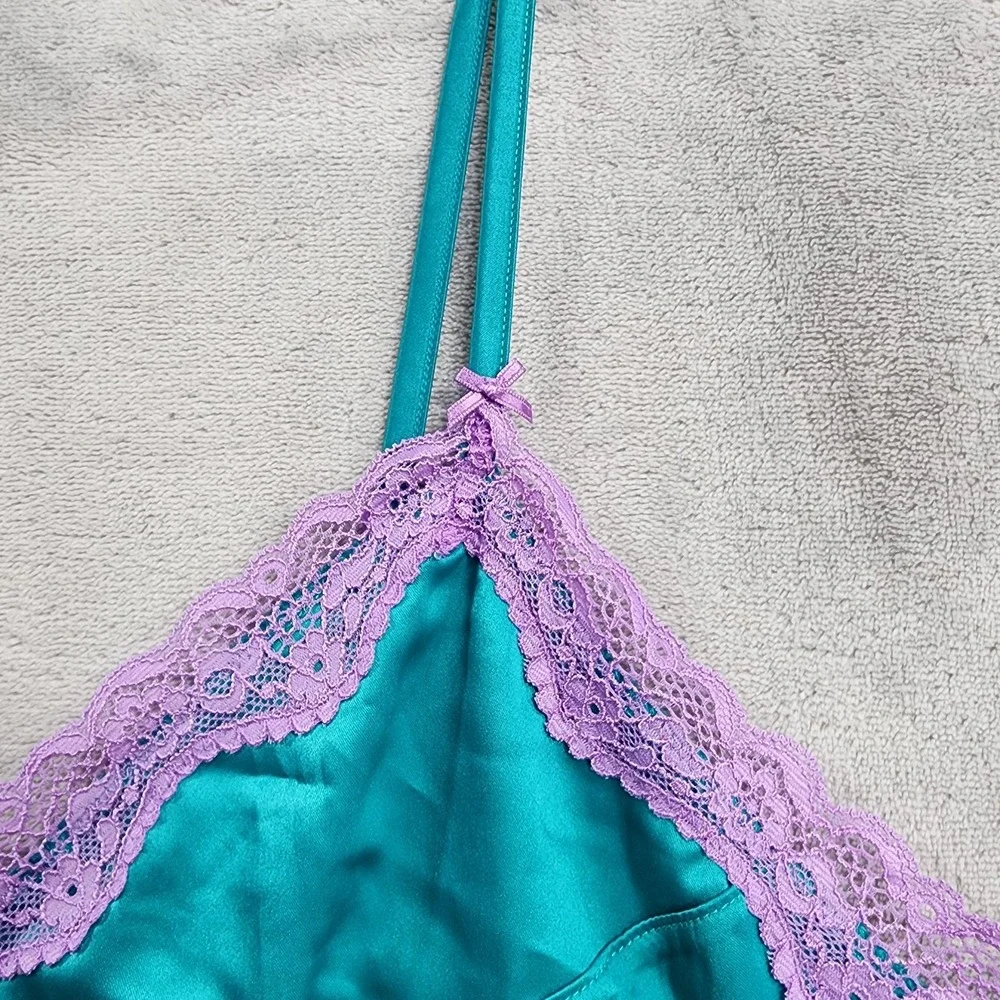 Victoria's Secret Chemise Womens L Blue Tease Satin Lace-Trim Mini Slip Retro